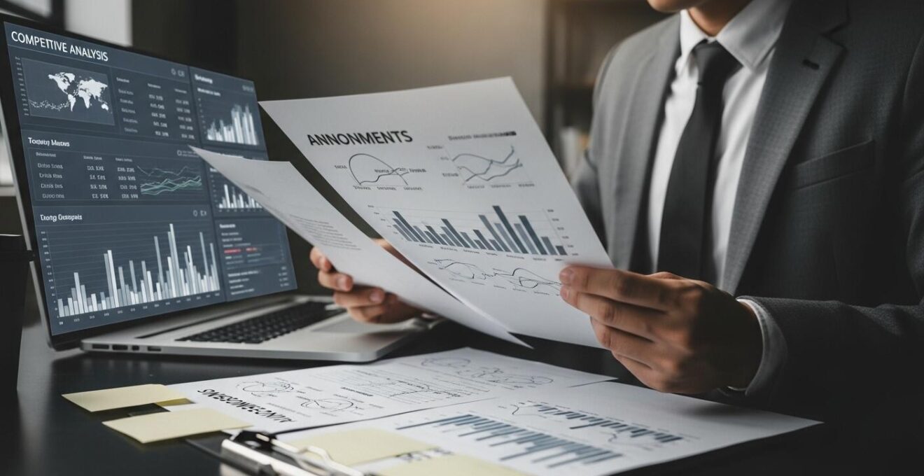 Personne analysant plusieurs annonces légales sur un bureau, avec des graphiques et des notes stratégiques en arrière-plan