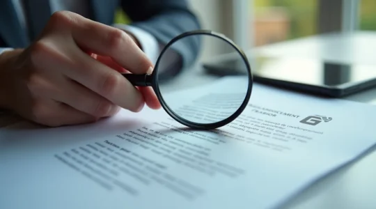 Une main tenant une loupe sur une page d'annonce légale d'entreprise empreinte de symboles de communication et de connexion