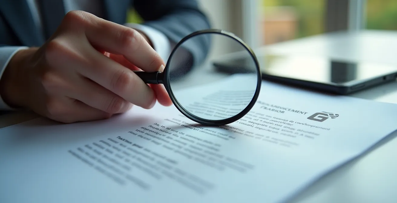 Une main tenant une loupe sur une page d'annonce légale d'entreprise empreinte de symboles de communication et de connexion