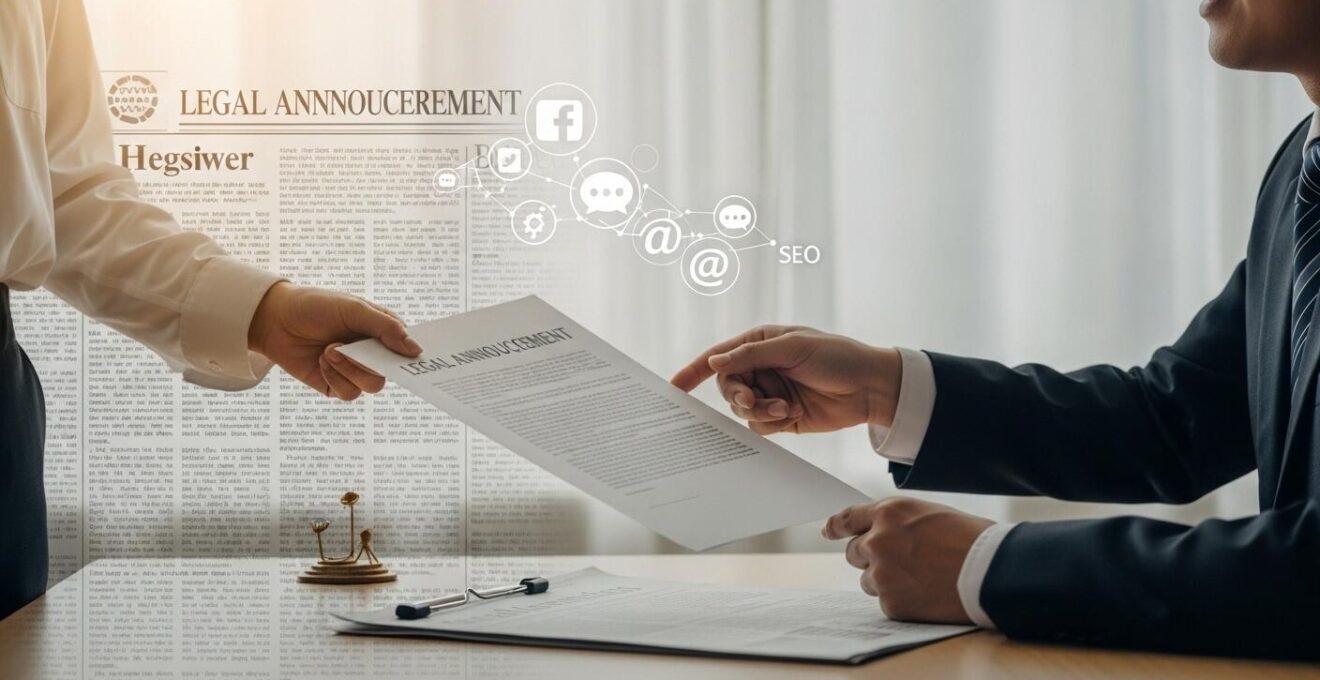 Un entrepreneur déposant symboliquement une annonce légale dans un journal avec des éléments visuels modernes symbolisant la communication digitale