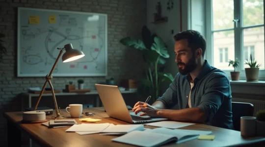 Illustration symbolique d'un entrepreneur devant une table de travail avec des croquis, un ordinateur et des notes, représentant le passage du rêve à l'exécution concrète d'une idée de startup.