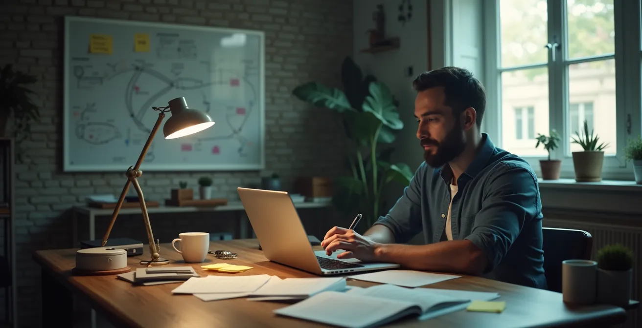 Illustration symbolique d'un entrepreneur devant une table de travail avec des croquis, un ordinateur et des notes, représentant le passage du rêve à l'exécution concrète d'une idée de startup.