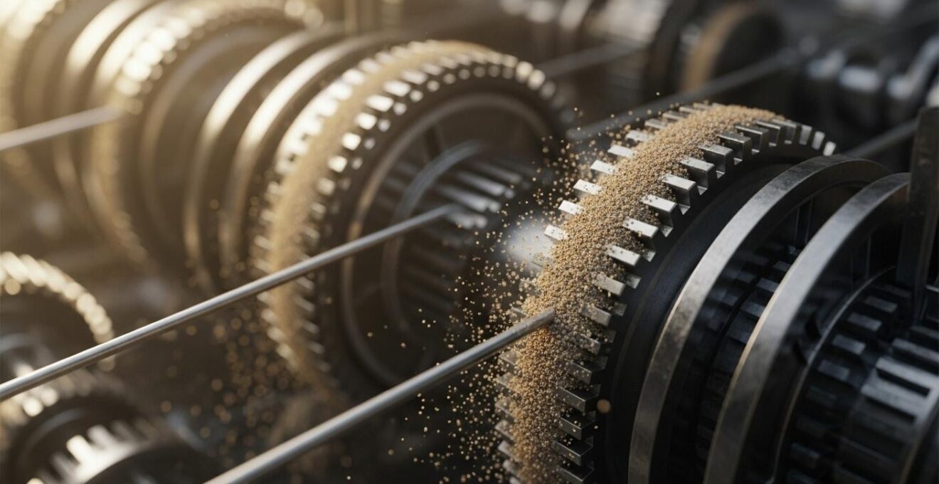 Illustration d'une machine complexe symbolisant une entreprise, avec engrenages et grains de sable freinant le mécanisme.