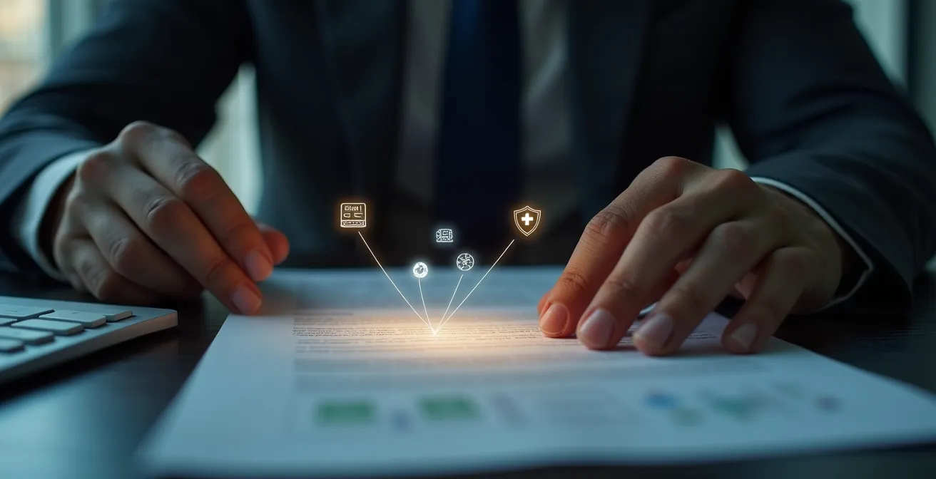 Illustration montrant un banquier analysant un business plan avec des éléments symbolisant la cohérence homme-projet et les plans de contingence