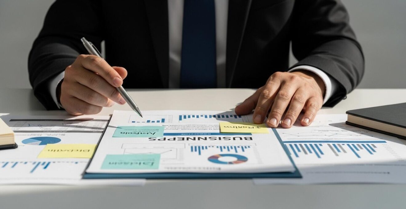 Banquier évaluant un business plan avec des graphiques et notes sur une table de réunion