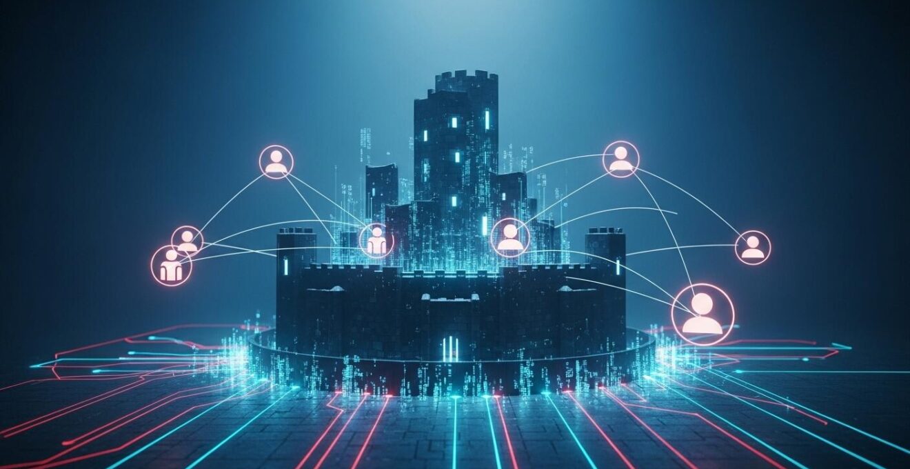 Illustration montrant une forteresse digitale symbolisant des barrières immatérielles avec des éléments technologiques et une communauté engagée