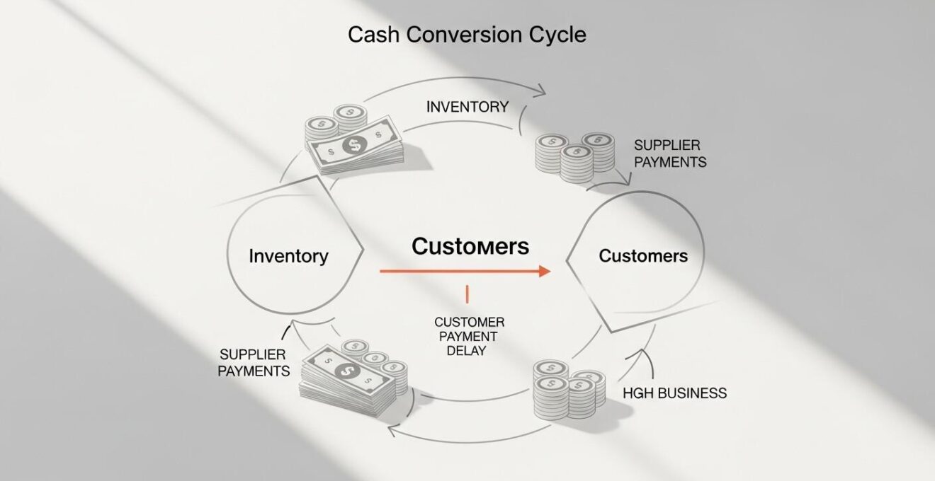 Infographie montrant le cycle d'exploitation d'une entreprise avec les flux d'argent entre stocks, clients et fournisseurs, illustrant le décalage de trésorerie.