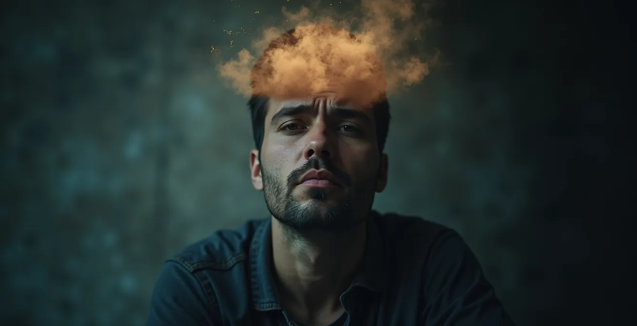 Portrait réaliste d'un entrepreneur stressé en pleine fatigue mentale avec des éléments symboliques de cortisol et troubles digestifs