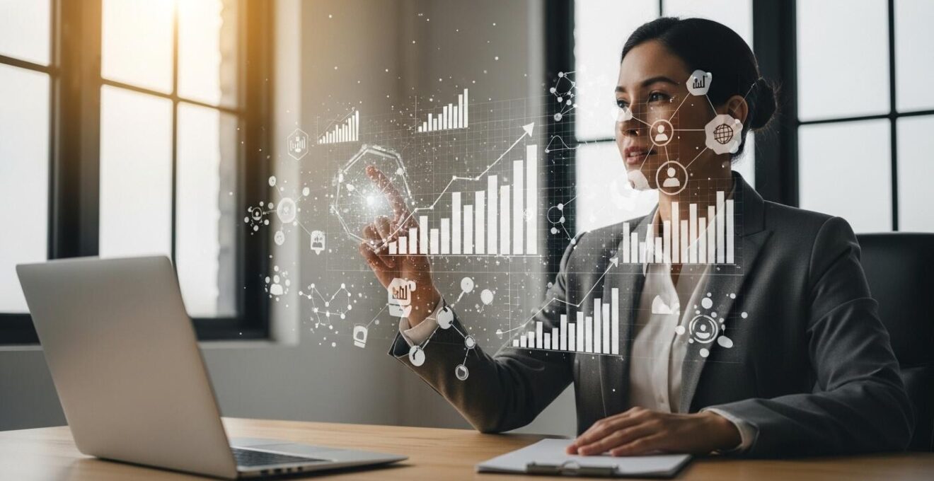 Un business developer d'élite en action, entouré d'éléments symboliques de croissance commerciale, innovation et réseau professionnel
