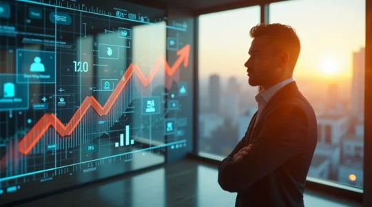 Un business developer stylisé, debout devant un graphique de croissance ascendante avec des icônes représentant le produit, le marketing et la finance