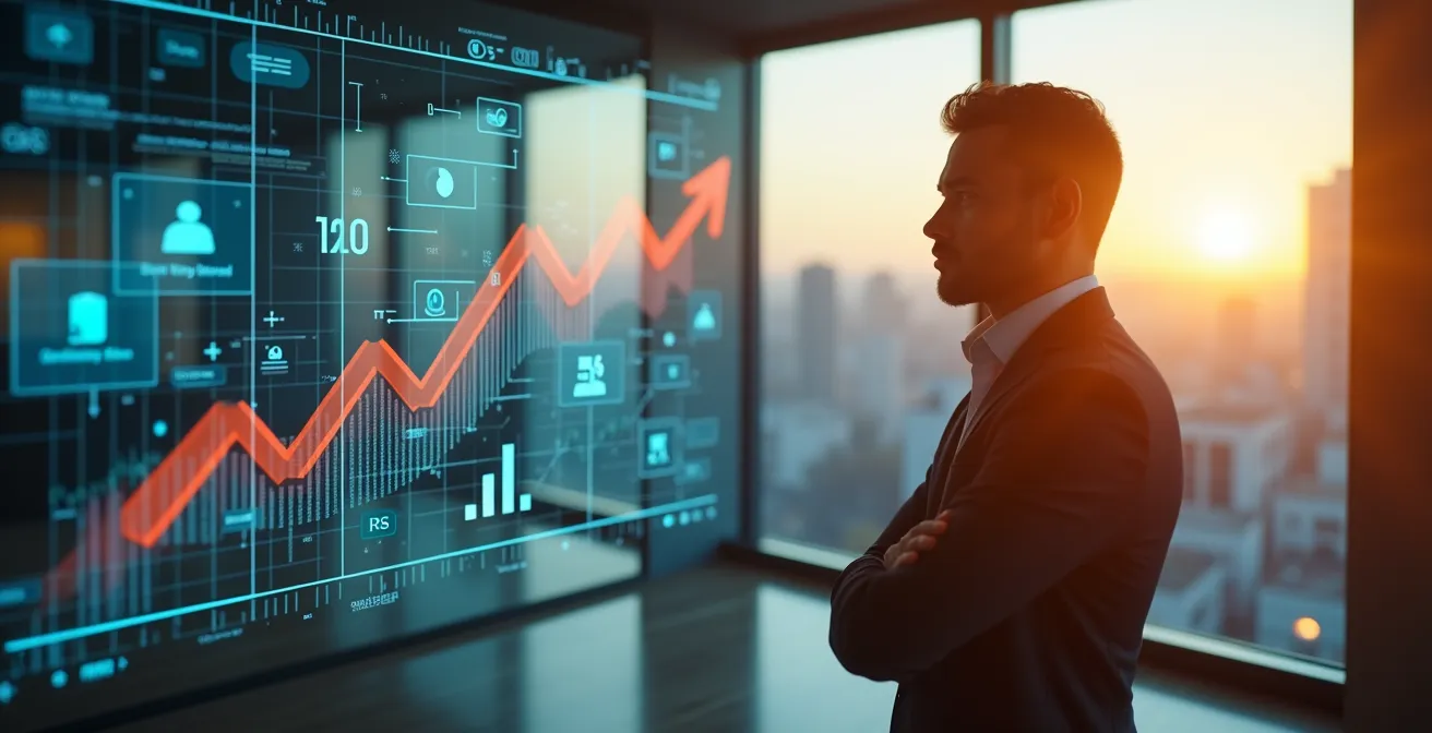 Un business developer stylisé, debout devant un graphique de croissance ascendante avec des icônes représentant le produit, le marketing et la finance