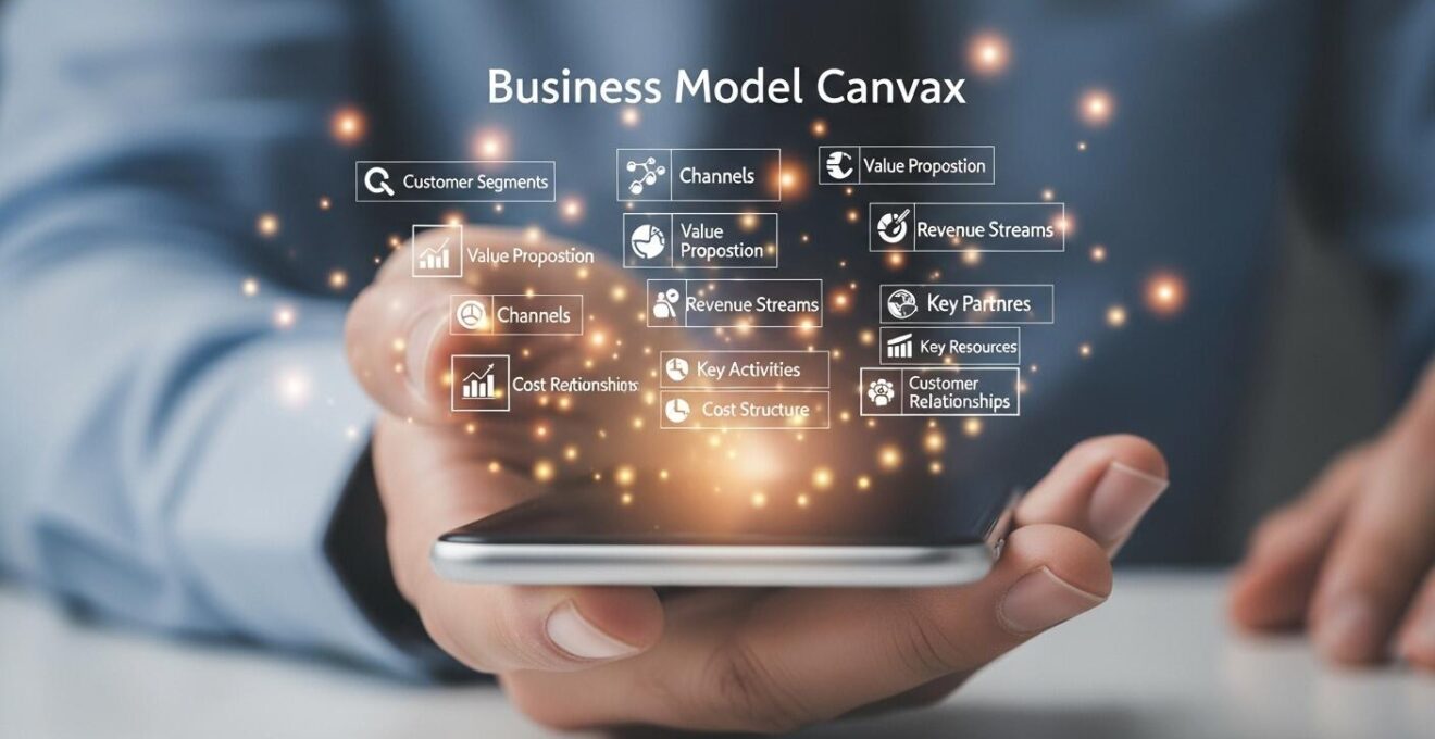 Une main tenant un smartphone affichant un business model canvas complet, entouré d'icônes symbolisant les 9 blocs : clients, valeur, canaux, revenus, partenaires, activités, ressources, coûts, relations.