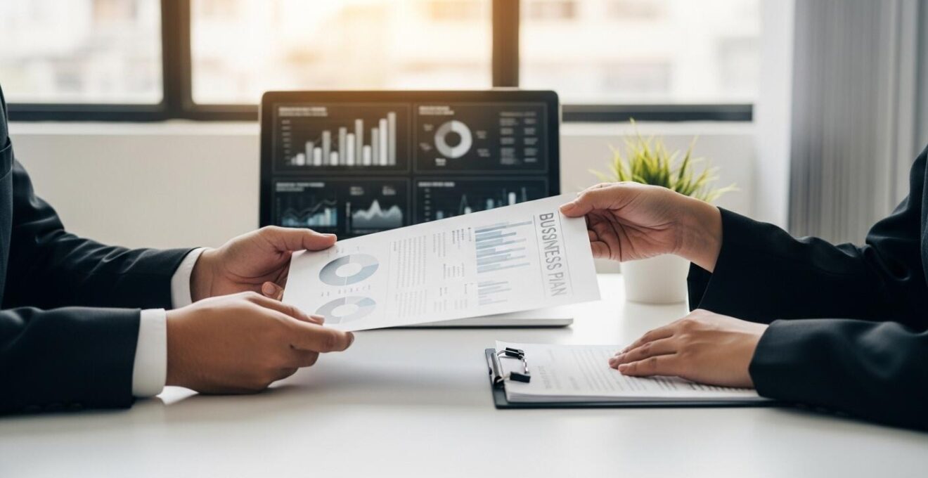 Un entrepreneur confiant présentant un business plan à un investisseur dans un cadre professionnel moderne