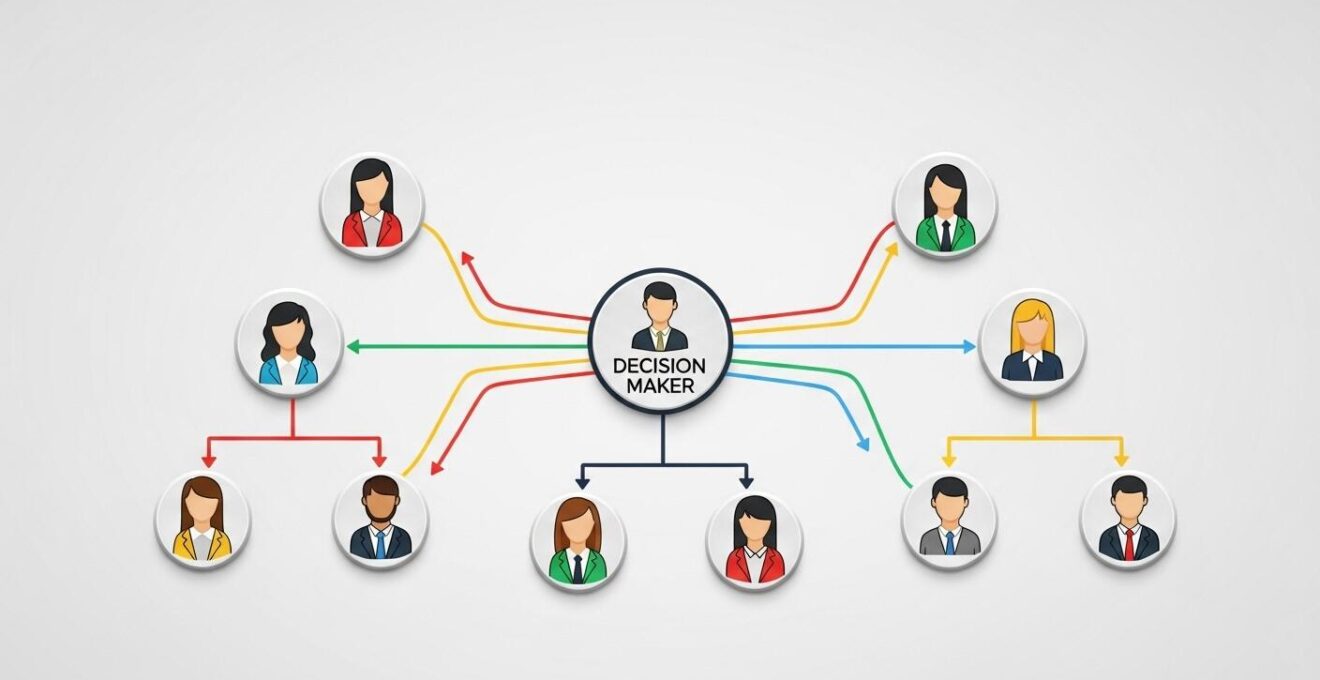 Schéma symbolique d’une cartographie d’un organigramme d’entreprise avec plusieurs interlocuteurs clés identifiés et reliés entre eux