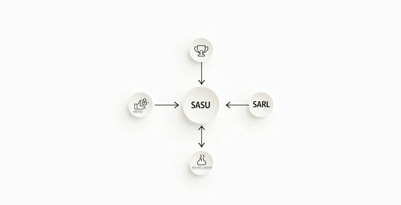 Arbre de décision schématisant les évolutions possibles des statuts juridiques d'entreprise, illustrant les transitions stratégiques entre EI, SASU, SARL et autres.