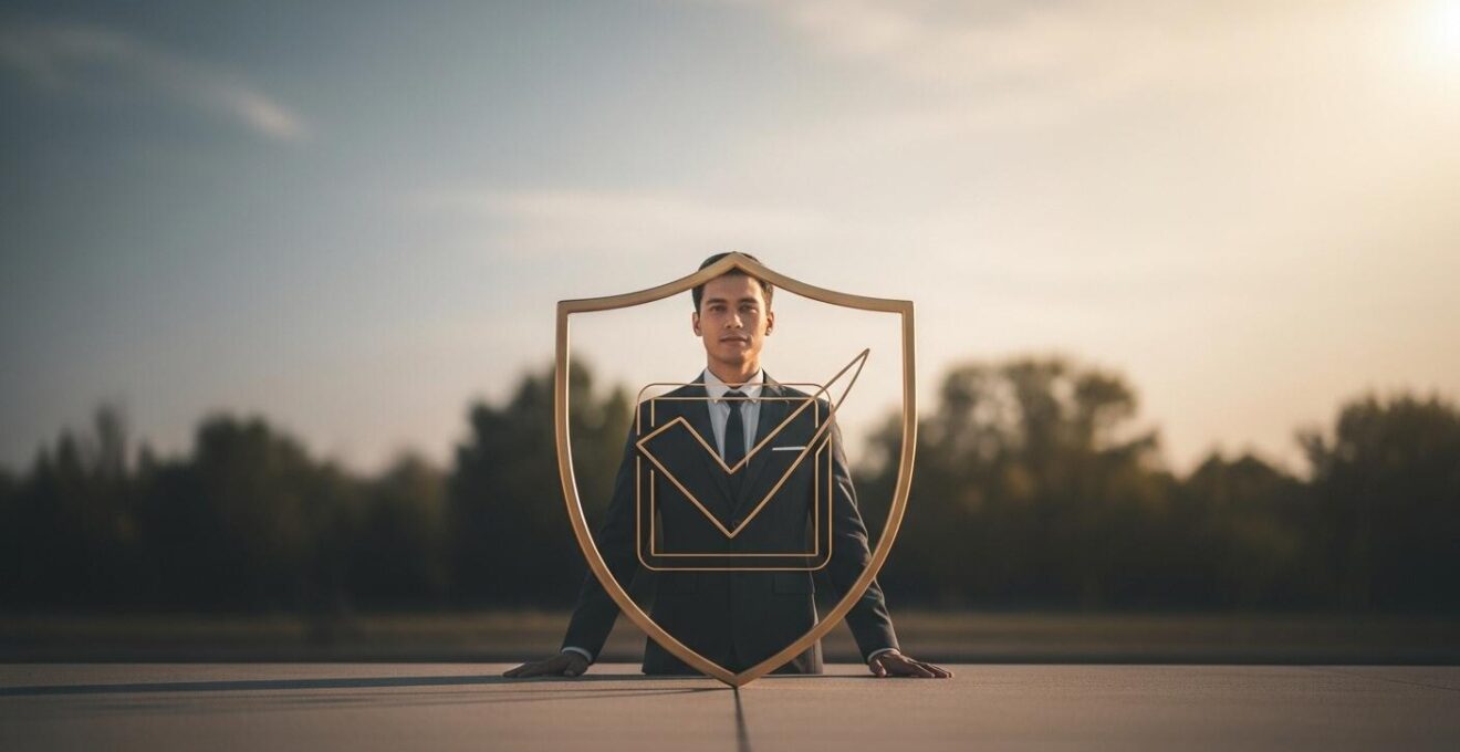 Illustration symbolique montrant un entrepreneur protégant son patrimoine avec un bouclier autour d'une case cochée représentant un statut juridique