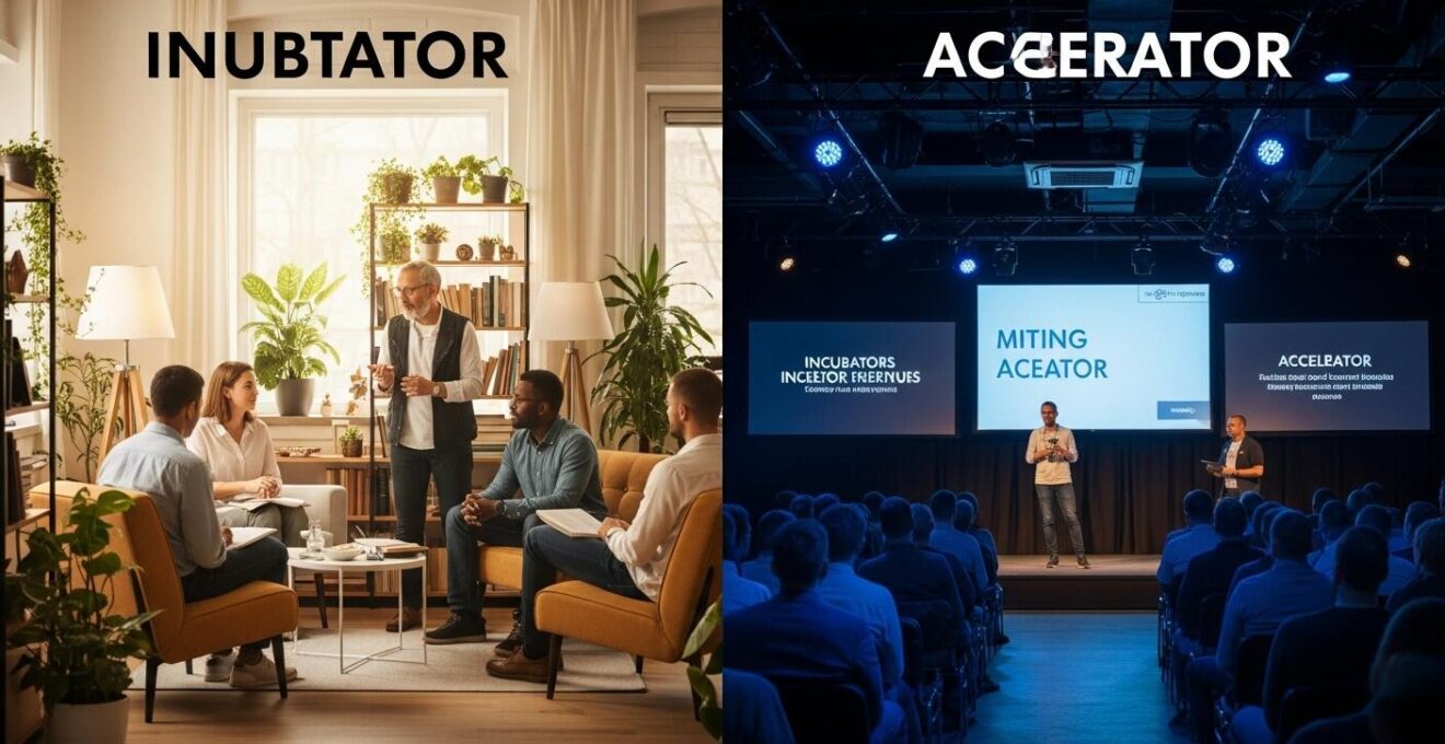 Illustration comparative stylisée entre incubateur et accélérateur montrant deux chemins distincts pour une start-up.