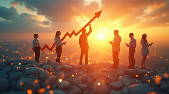 Illustration symbolique représentant une start-up en pleine croissance avec des investisseurs enthousiastes autour d'elle