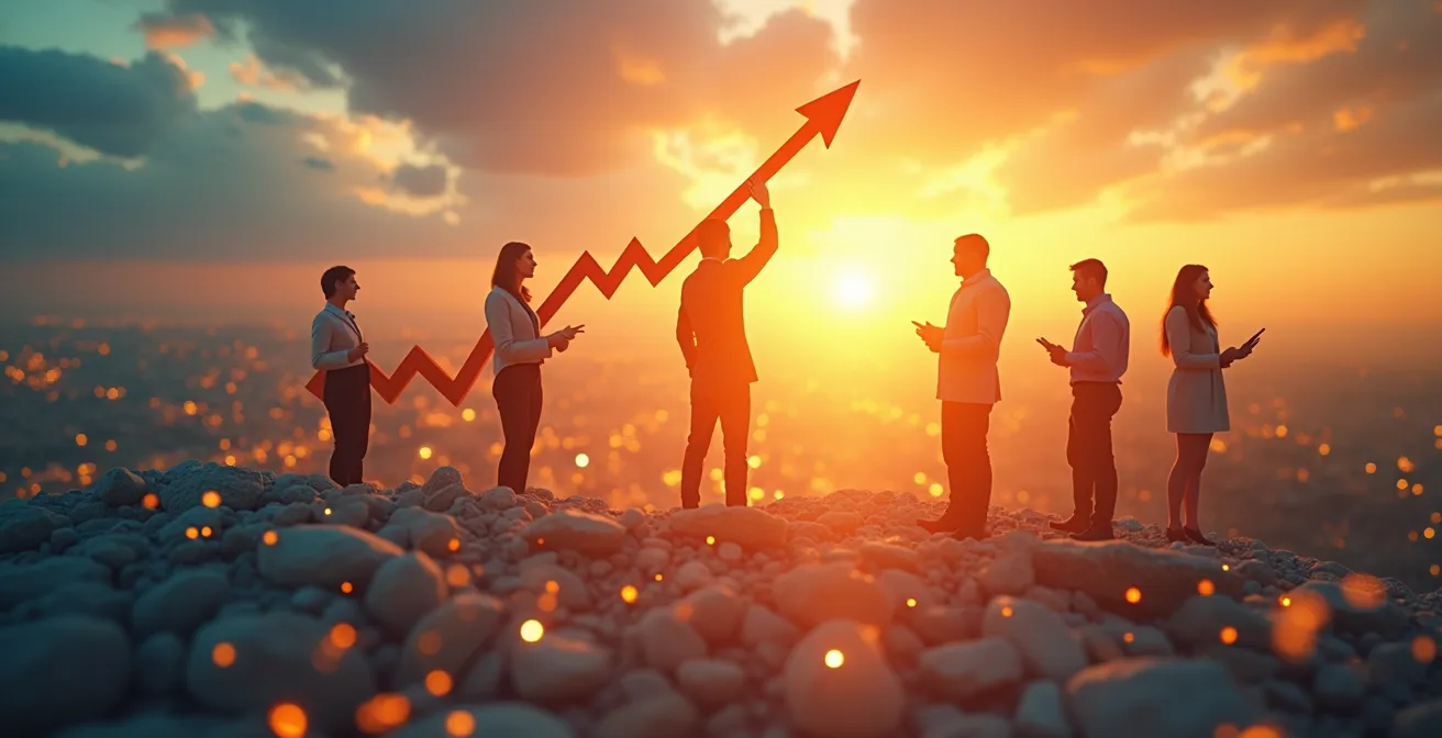 Illustration symbolique représentant une start-up en pleine croissance avec des investisseurs enthousiastes autour d'elle