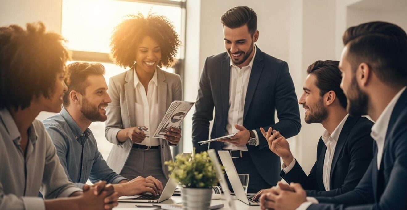 Représentation symbolique d'une start-up en pleine croissance, avec un groupe d'investisseurs enthousiastes autour d'une jeune équipe dynamique travaillant sur un projet innovant