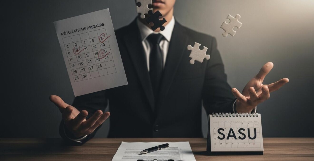 Illustration symbolique d’un entrepreneur jonglant entre les formalités administratives et la gestion flexible d’une SASU