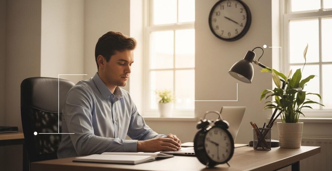 Un entrepreneur concentré et serein travaillant dans un environnement lumineux et organisé, symbolisant la gestion efficace du temps et de l'énergie