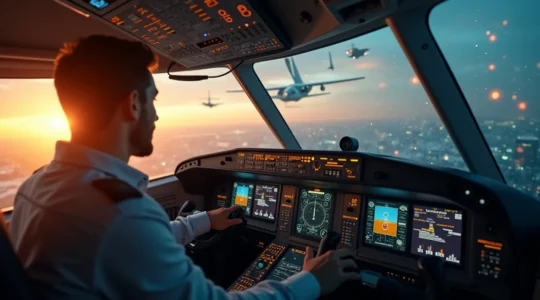 Une illustration symbolique montrant un pilote de startup contrôlant un avion en pleine ascension avec des indicateurs de croissance autour