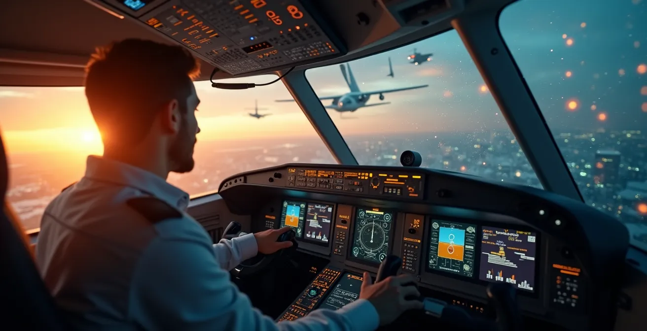 Une illustration symbolique montrant un pilote de startup contrôlant un avion en pleine ascension avec des indicateurs de croissance autour