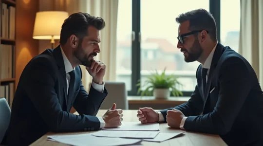 Illustration symbolique d'un entrepreneur face à un avocat dans un contexte juridique d'affaires