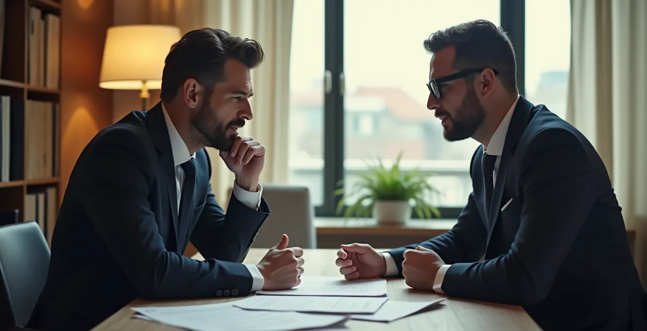 Illustration symbolique d'un entrepreneur face à un avocat dans un contexte juridique d'affaires