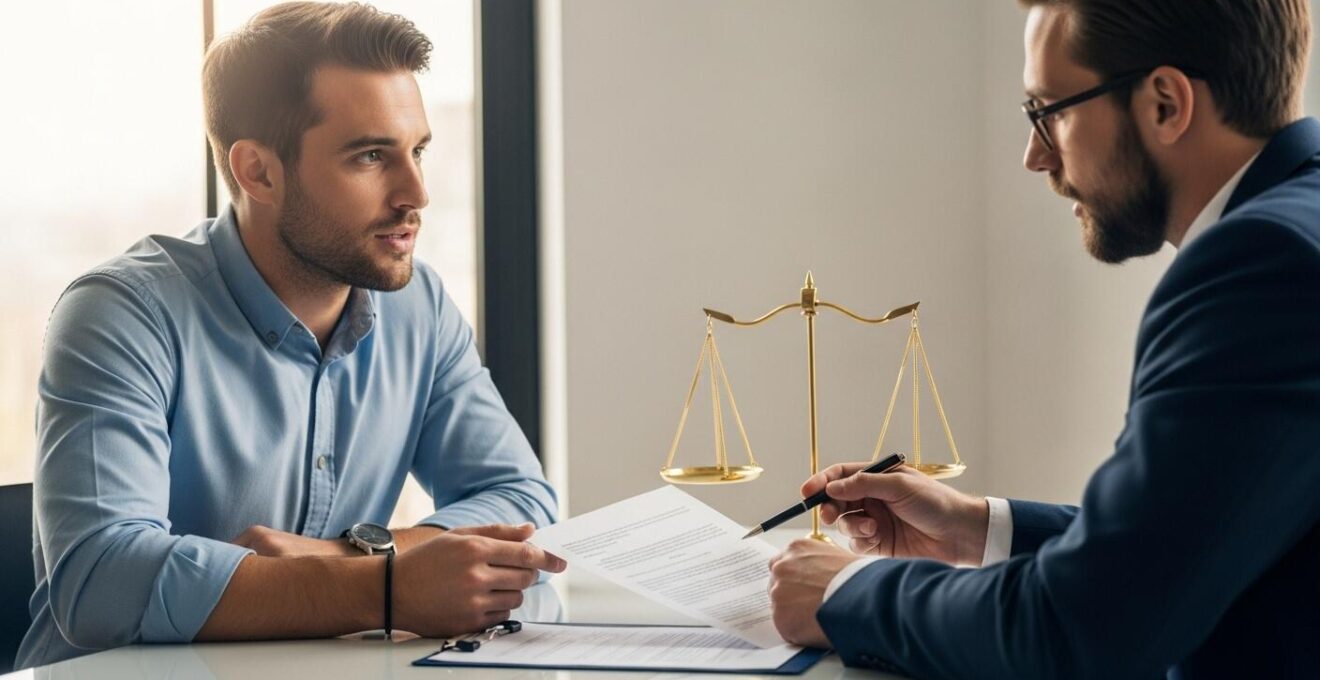 Illustration symbolique représentant un entrepreneur en réunion avec un avocat, discutant de documents juridiques dans un bureau moderne