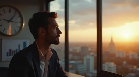 Entrepreneur concentré et serein au travail, symbolisant la vision à long terme et la résistance à l'épuisement