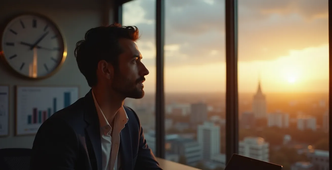 Entrepreneur concentré et serein au travail, symbolisant la vision à long terme et la résistance à l'épuisement
