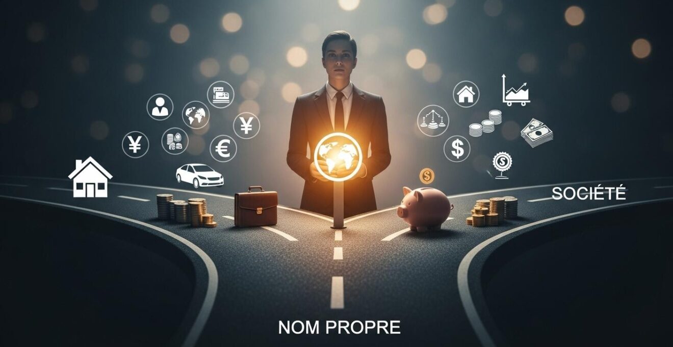Illustration d'un entrepreneur devant une bifurcation symbolique entre entreprise individuelle et société avec des éléments patrimoniaux