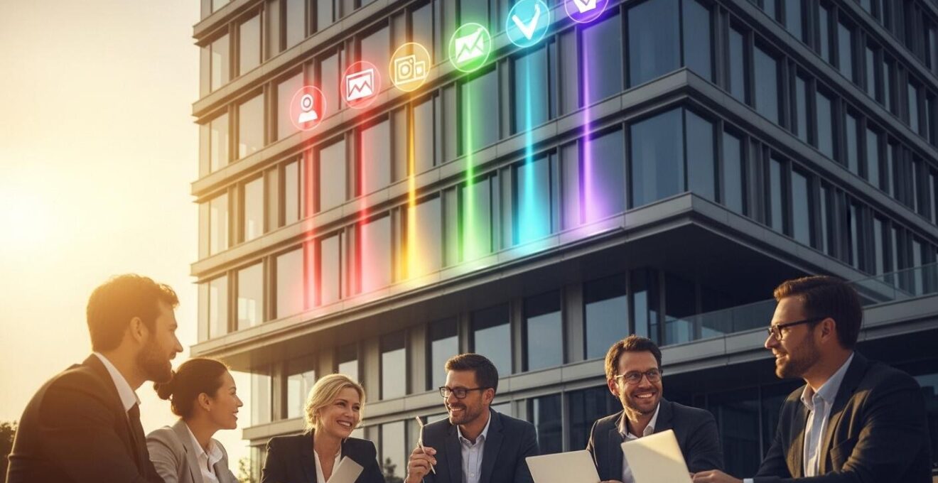 Une image symbolique représentant une entreprise valorisée par ses valeurs, au-delà de ses produits, avec un aspect humain et institutionnel