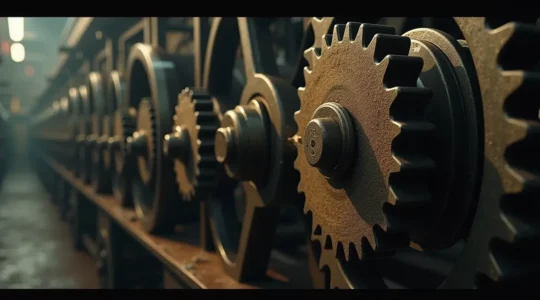 Illustration symbolique d'une machine complexe avec des grains de sable visibles dans ses mécanismes ralentissant son fonctionnement