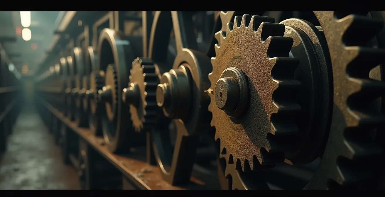Illustration symbolique d'une machine complexe avec des grains de sable visibles dans ses mécanismes ralentissant son fonctionnement