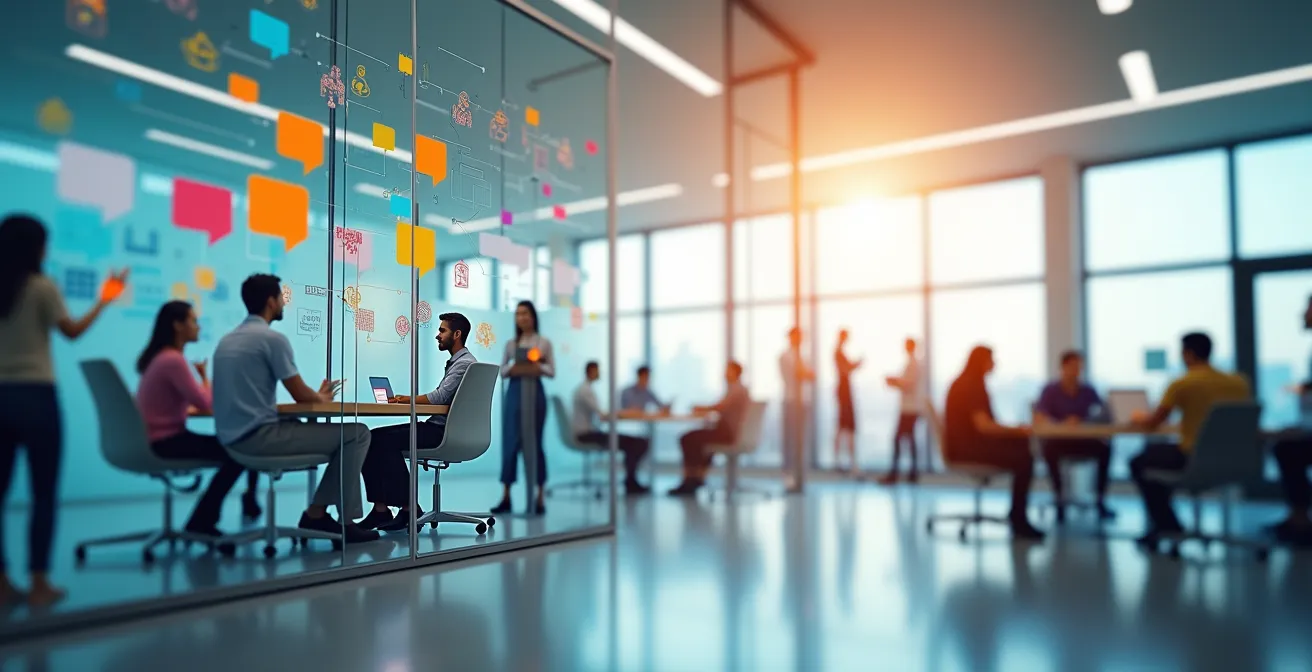 Image symbolique représentant une entreprise où les valeurs humaines et la communication institutionnelle sont mises en avant
