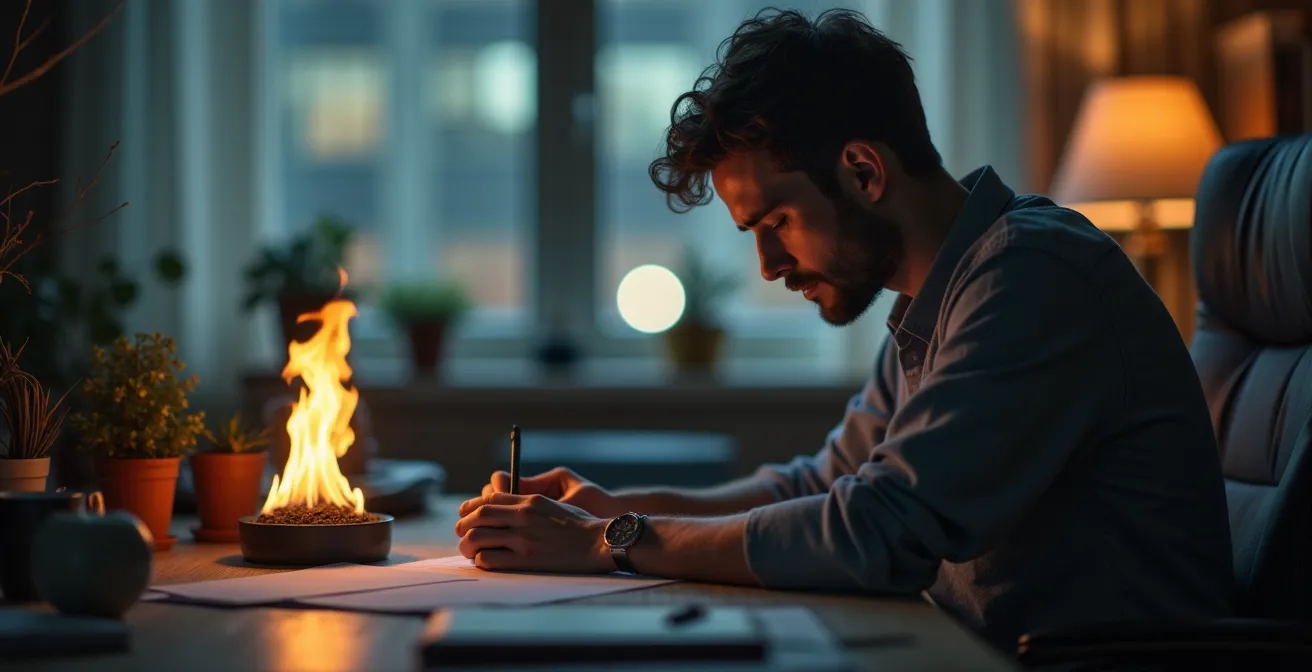 Illustration symbolique montrant un entrepreneur assis, épuisé, entouré de symboles de volonté et de motivation déclinants