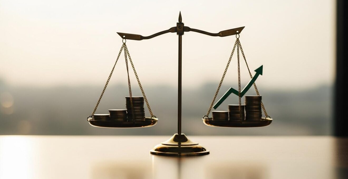 Illustration symbolique d'une balance avec des pièces de monnaie d'un côté et une flèche montante de croissance de l'autre