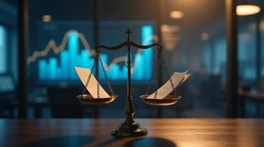 Une image symbolique représentant la fiscalité comme un levier de croissance avec des graphiques, des mains tenant une balance et une entreprise en pleine expansion