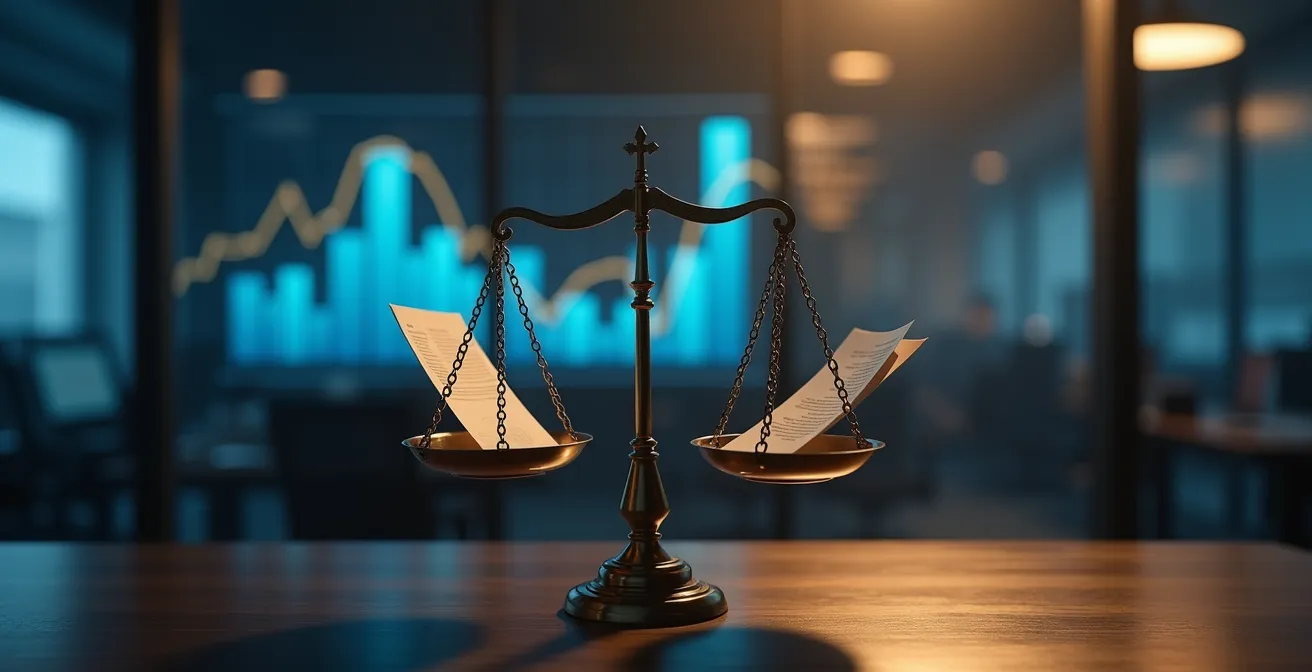 Une image symbolique représentant la fiscalité comme un levier de croissance avec des graphiques, des mains tenant une balance et une entreprise en pleine expansion