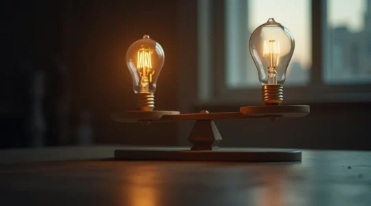 Image symbolique représentant une balance entre une ampoule lumineuse et une ampoule éteinte, illustrant la distinction entre une idée brillante et une bonne idée en business
