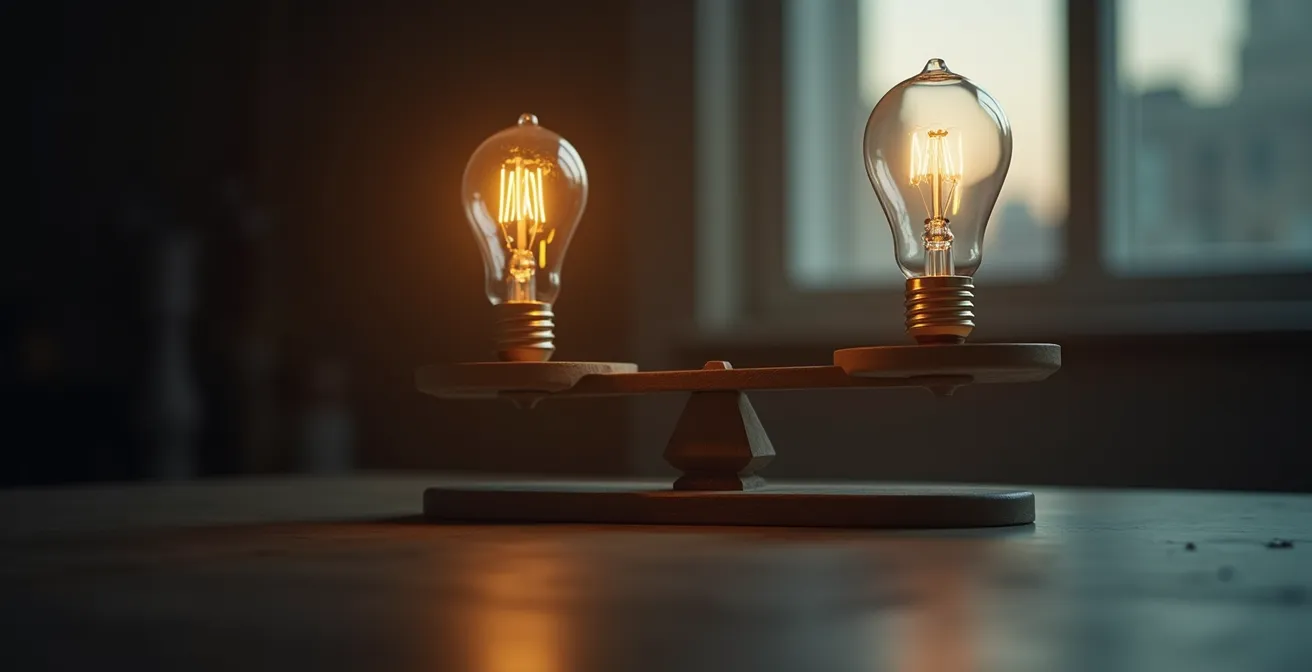 Image symbolique représentant une balance entre une ampoule lumineuse et une ampoule éteinte, illustrant la distinction entre une idée brillante et une bonne idée en business