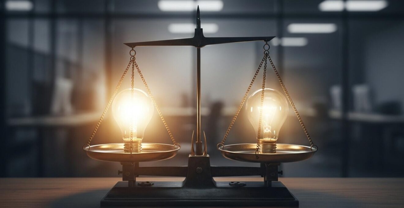 Illustration symbolique représentant une balance avec d'un côté une ampoule brillante et de l'autre une ampoule ordinaire pour comparer une idée brillante à une bonne idée