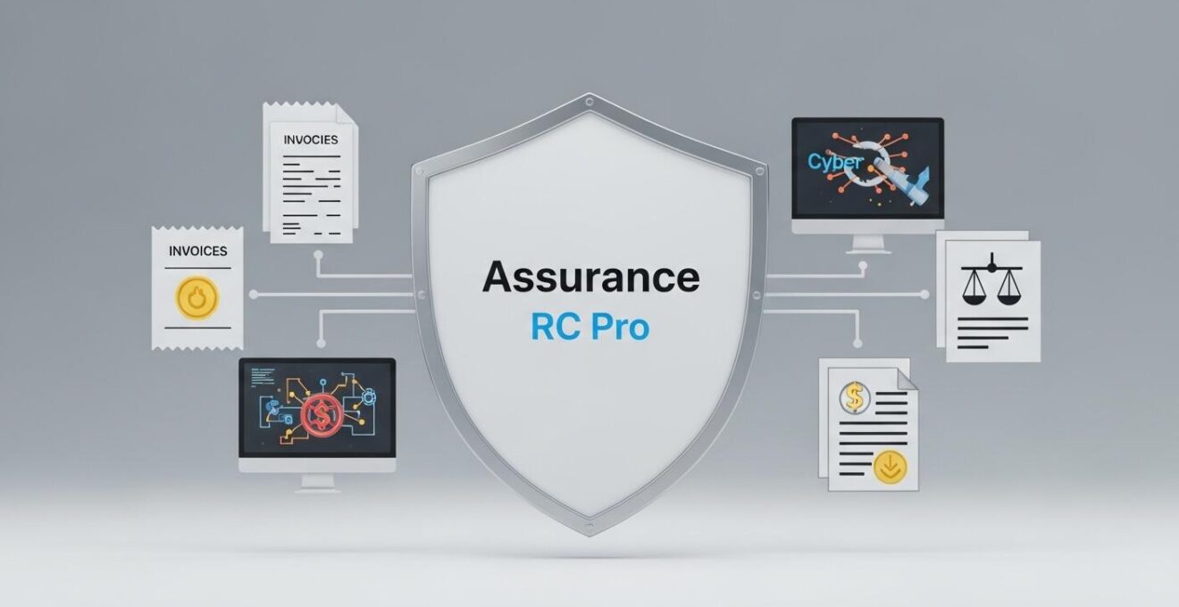 Illustration symbolique montrant une assurance protégeant une entreprise contre des risques divers comme des factures, un ordinateur avec virus, et des documents juridiques.