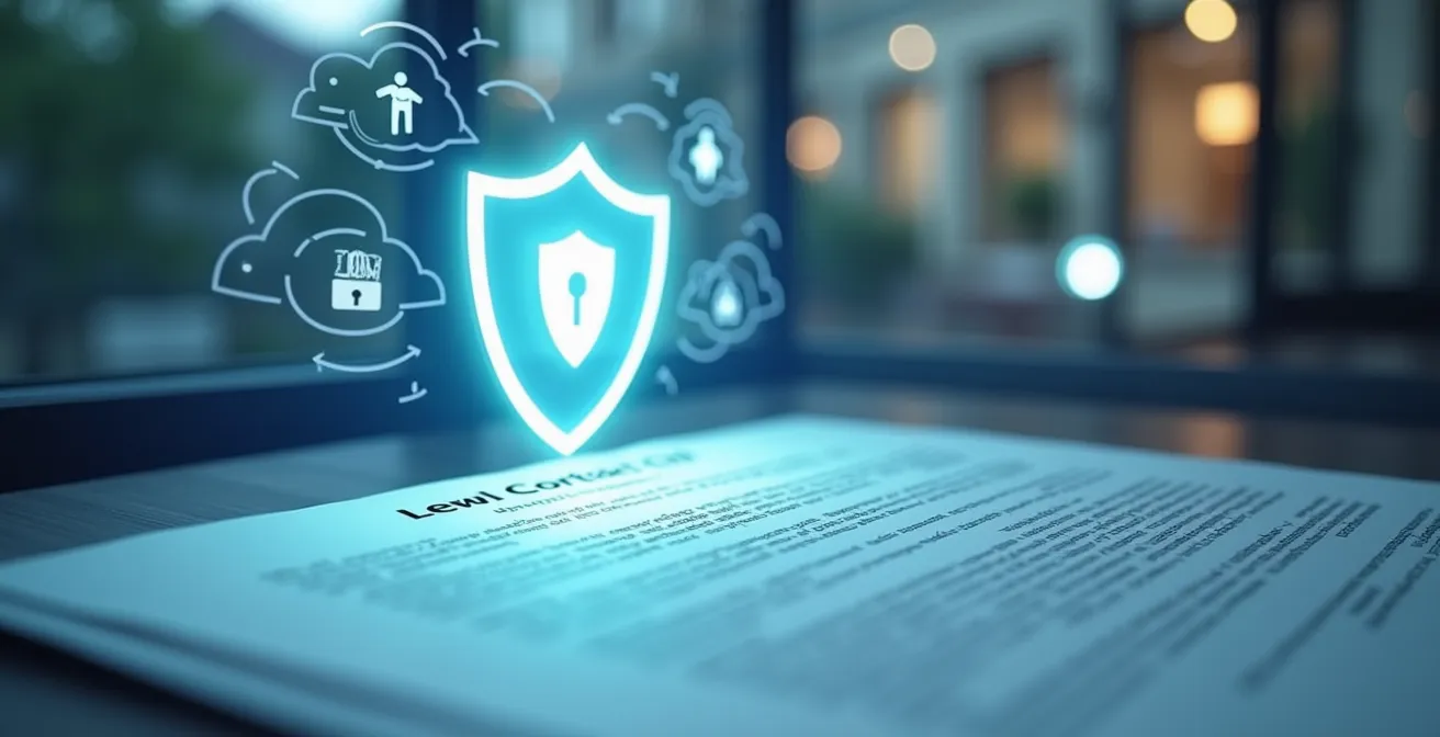 Illustration symbolique représentant la protection juridique offerte par des conditions générales de vente bien sécurisées contre les cyberattaques et les imprévus