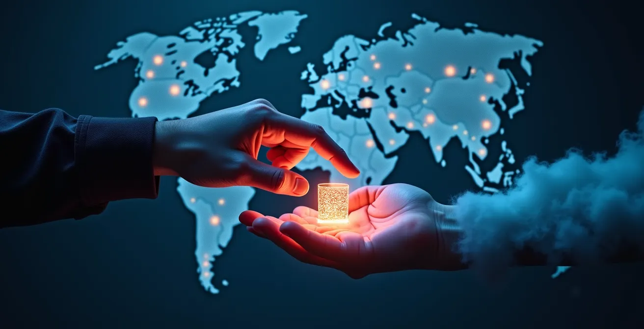 Illustration d'une main symbolique du gouvernement américain accédant à des données stockées dans un cloud, avec un globe terrestre et réseaux numériques en arrière-plan