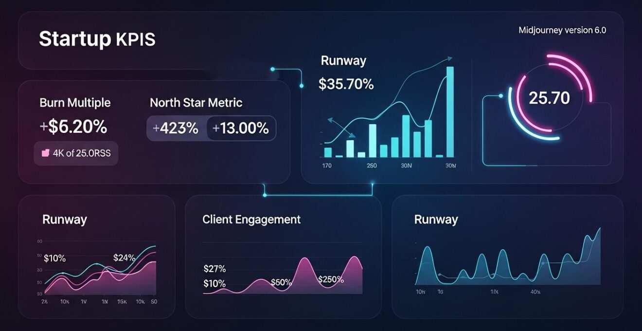Tableau de bord numérique avec graphiques colorés montrant les KPIs essentiels d’une start-up en forte croissance