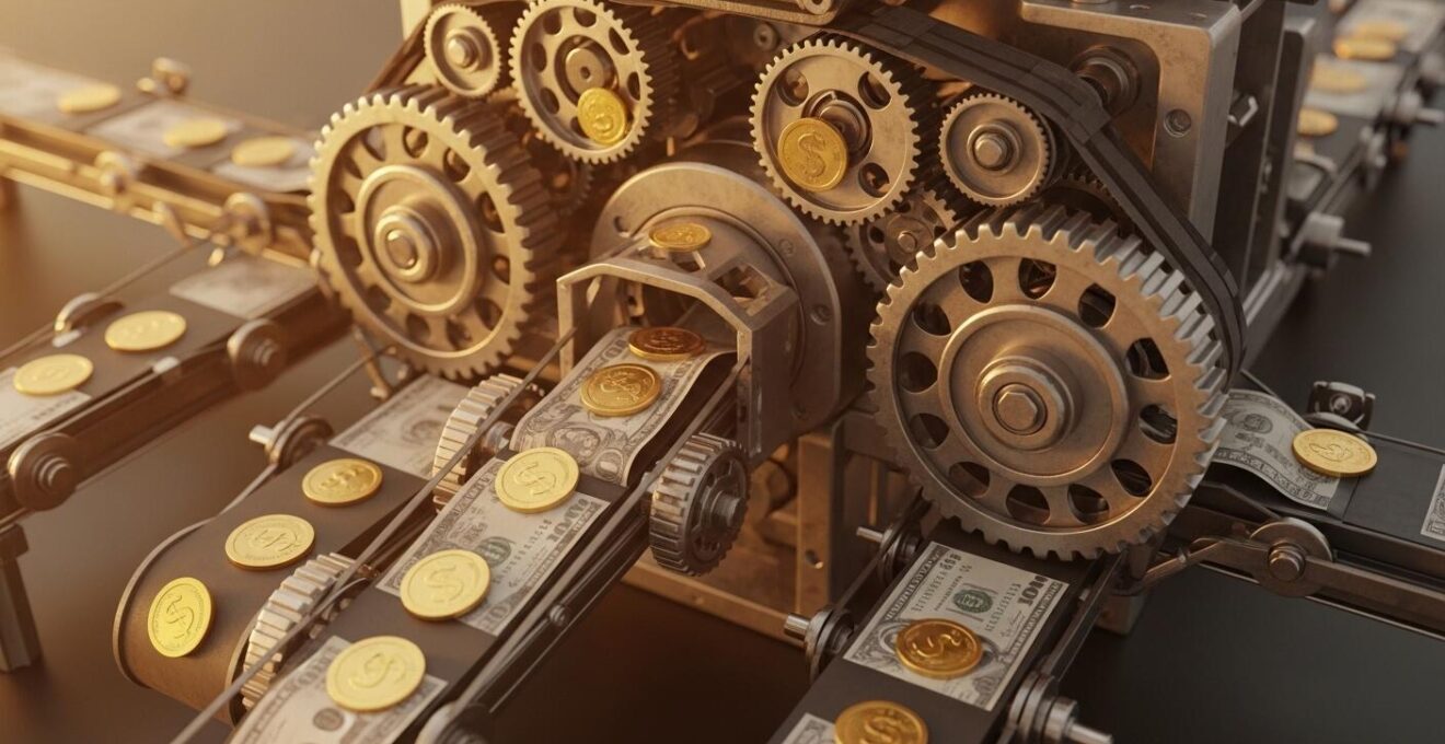 Une illustration symbolique montrant une machine complexe représentant la vente et le marketing interconnectés pour les start-ups
